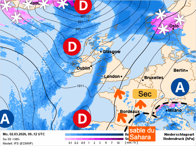 Carte de prévisions d'europe du Lundi 2 mars 2026