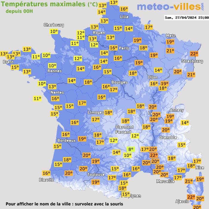 Températures maximales (°C) depuis 00h