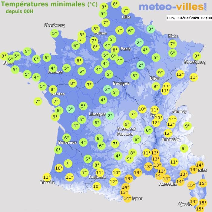 Températures minimales (°C) depuis 00h
