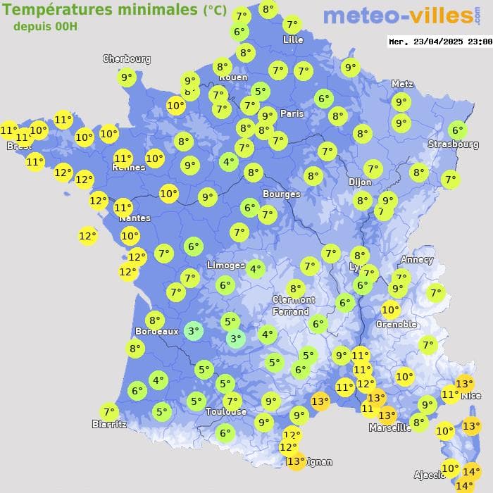 Températures minimales (°C) depuis 00h