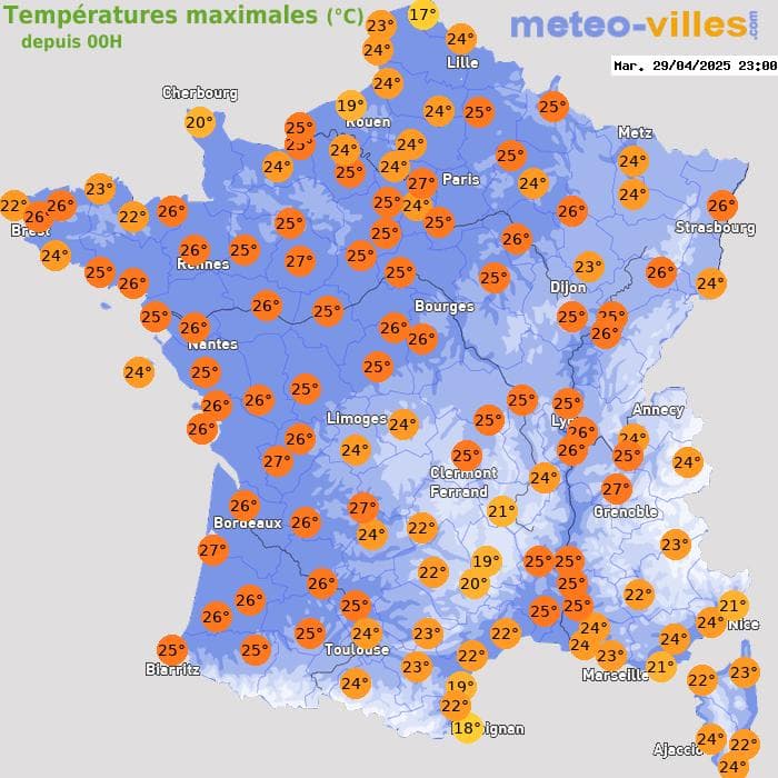 Températures maximales (°C) depuis 00h