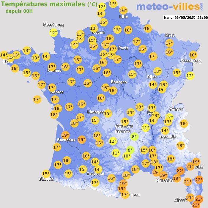 Températures maximales (°C) depuis 00h