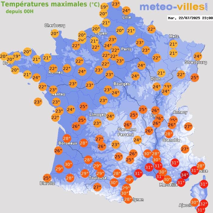 Températures maximales (°C) depuis 00h