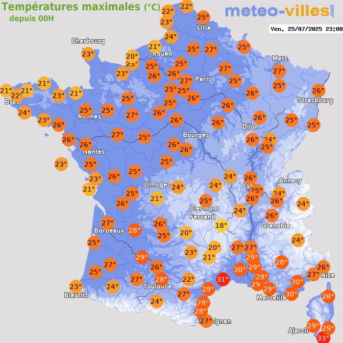 Températures maximales (°C) depuis 00h
