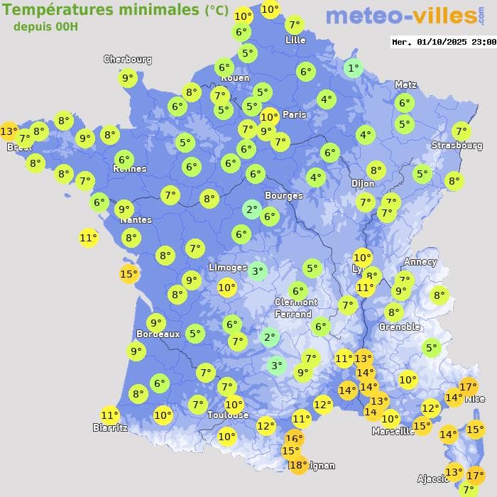 Températures minimales (°C) depuis 00h