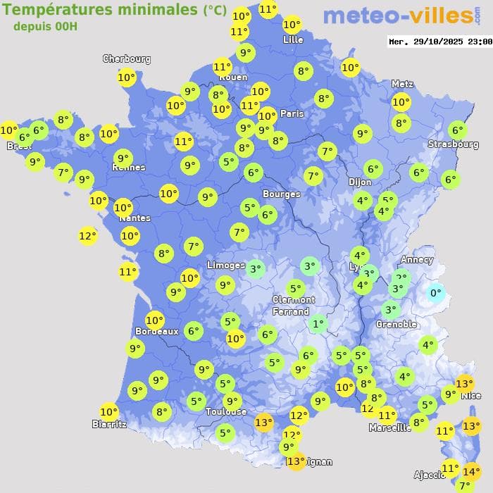 Températures minimales (°C) depuis 00h