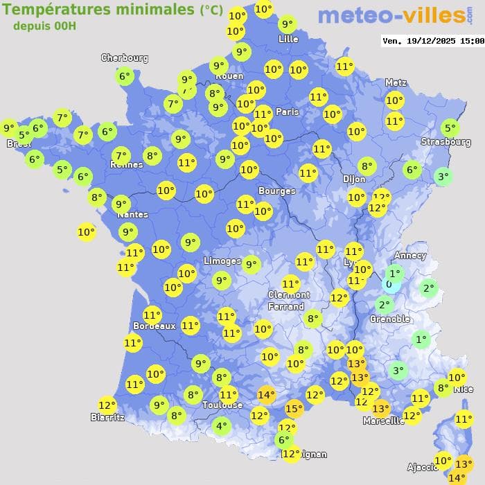 Températures minimales (°C) depuis 00h