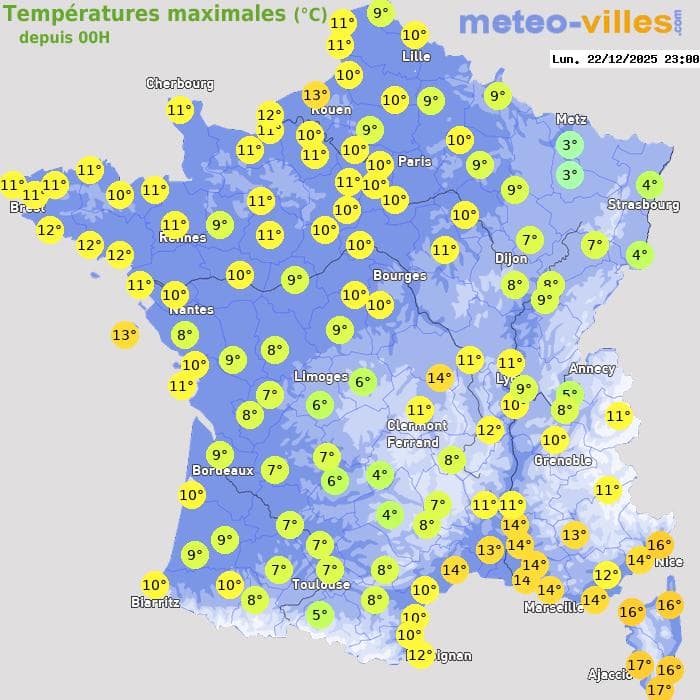 Températures maximales (°C) depuis 00h