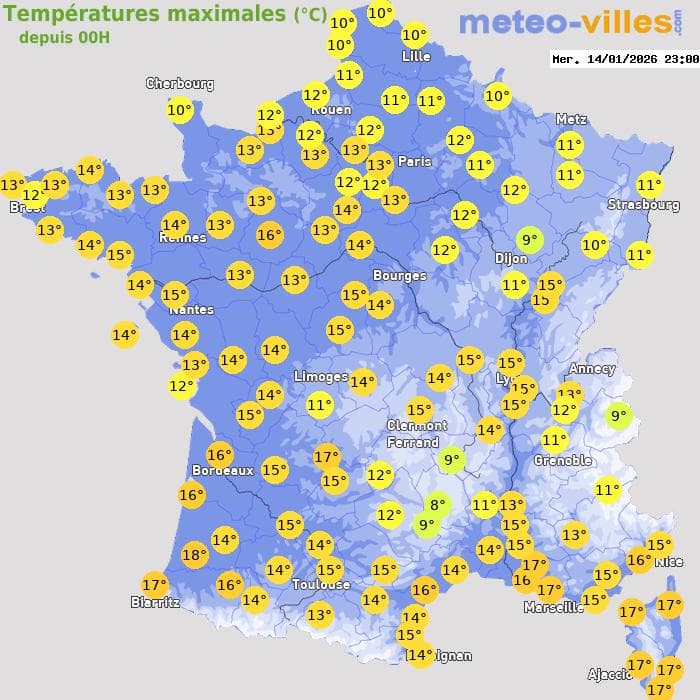 Températures maximales (°C) depuis 00h