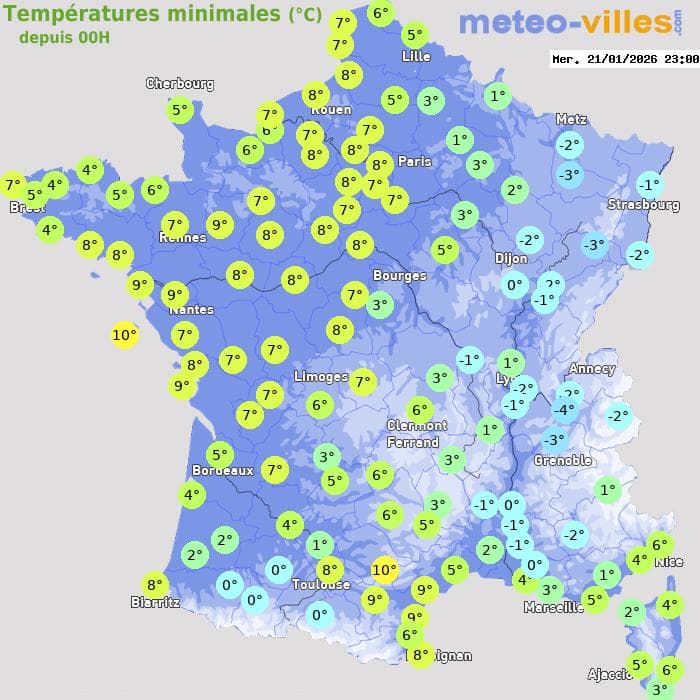 Températures minimales (°C) depuis 00h