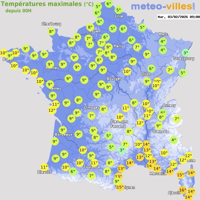 Températures maximales (°C) depuis 00h