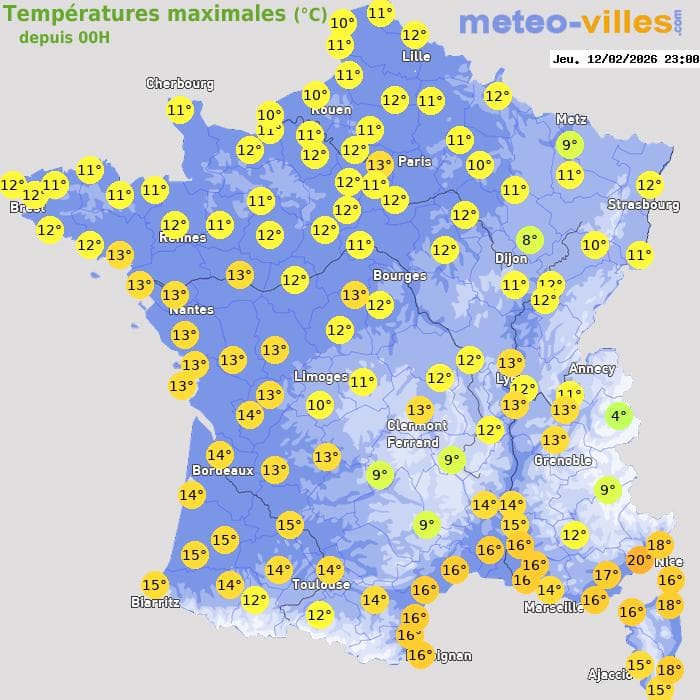 Températures maximales (°C) depuis 00h