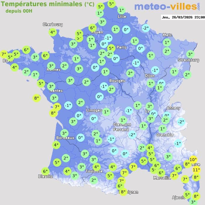 Températures minimales (°C) depuis 00h