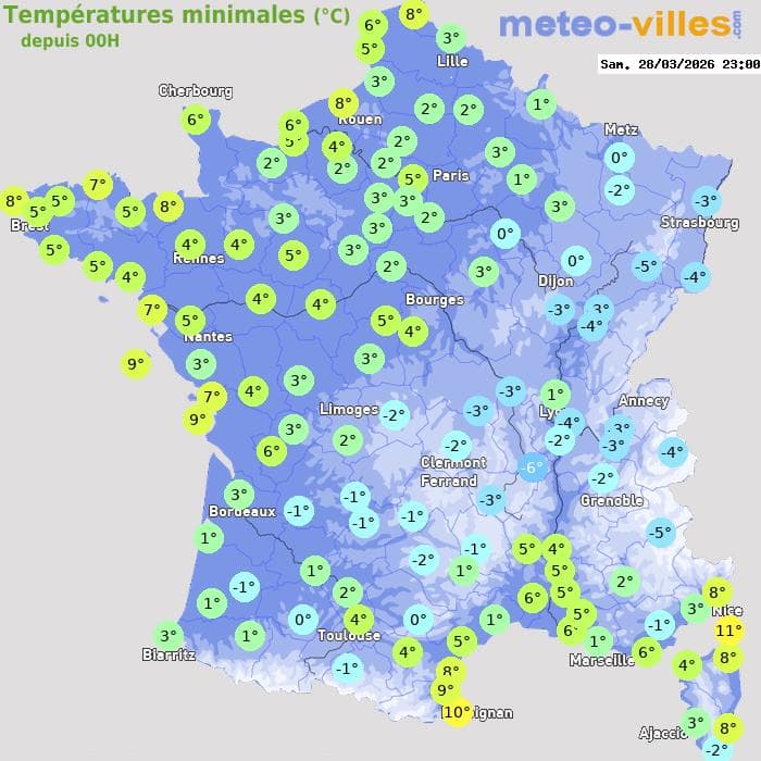 Températures minimales (°C) depuis 00h