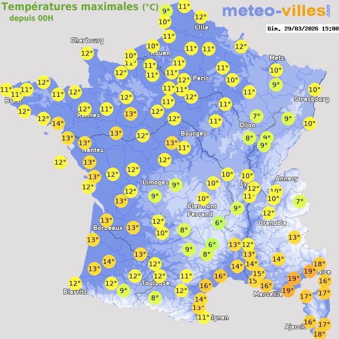 Températures maximales (°C) depuis 00h