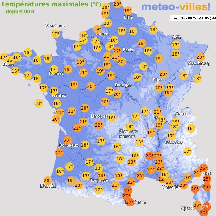 Températures maximales (°C) depuis 00h