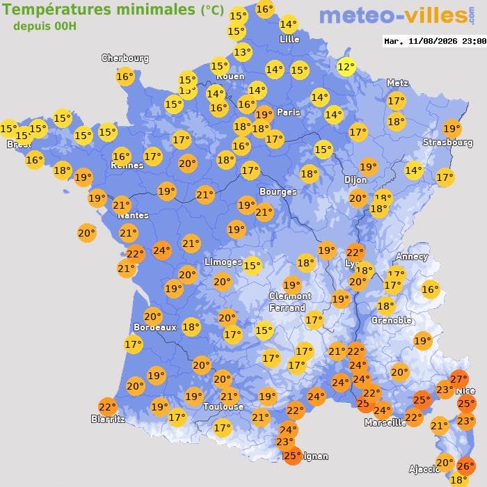 Températures minimales (°C) depuis 00h